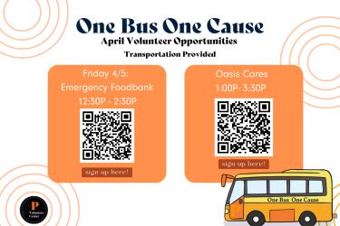 Volunteer Opportunity!  One Bus One Cause volunteer events through the Volunteer Center have started for April. We will provide transportation to and from the Emergency Foodbank from 12:30p.m. to 2:30 p.m.  Interested in signing up? Contact Jessica Serrano in the Volunteer Center at volunteercenter@pacific.edu 